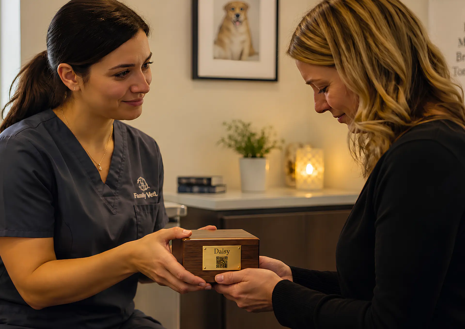 A veterinarian handing a pet memorial keepsake to a pet owner